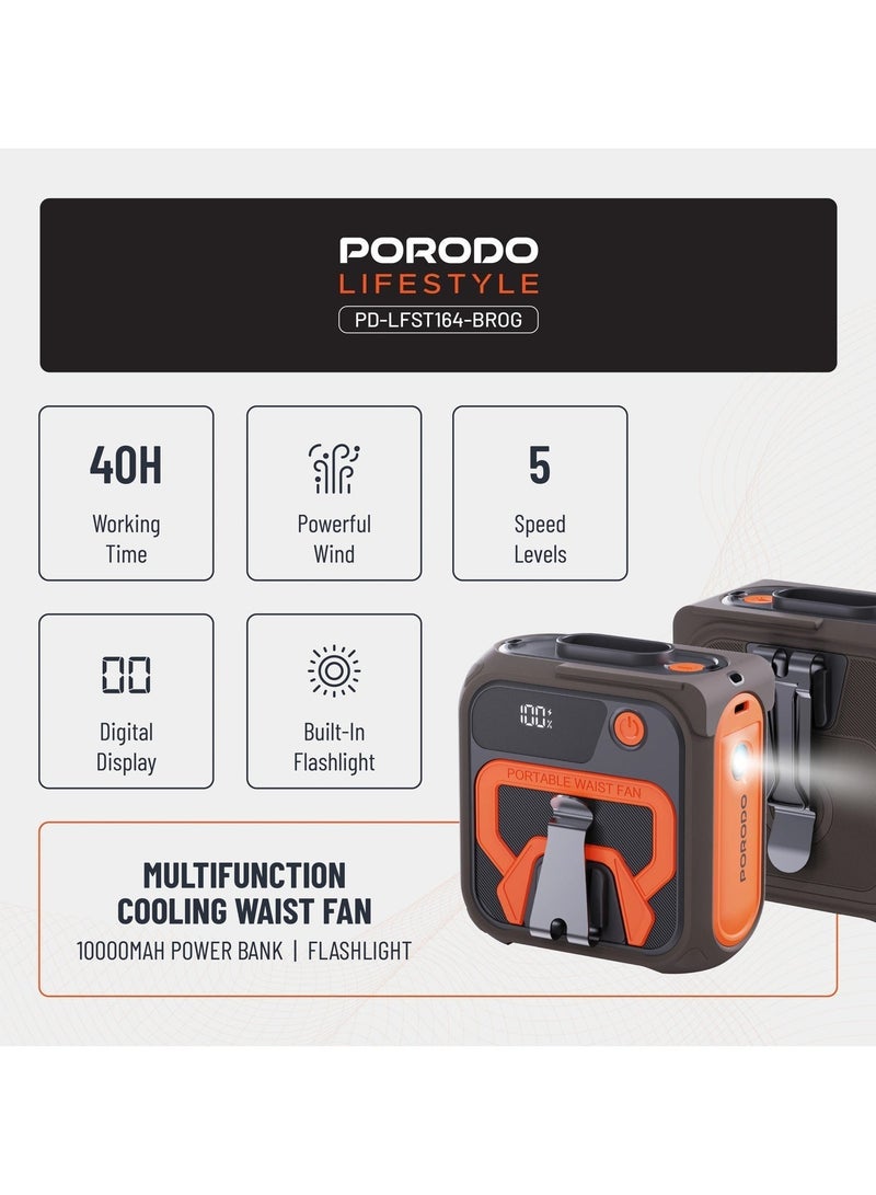 porodo 10000mAh Portable Waist Fan Clip on Wearable Belt Personal Fan Rechargeable Battery operated With 5 Speeds & Flashlight Neck Hands-Free 40H Cooling For Outdoor Camping Travel Power Bank - Image 5
